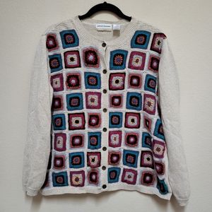 Alfred Dunner- Vintage Granny Square Button Front Cardigan